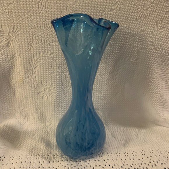 Vintage Aqua Blue Hand Blown Glass Ruffled Edge Bud Vase